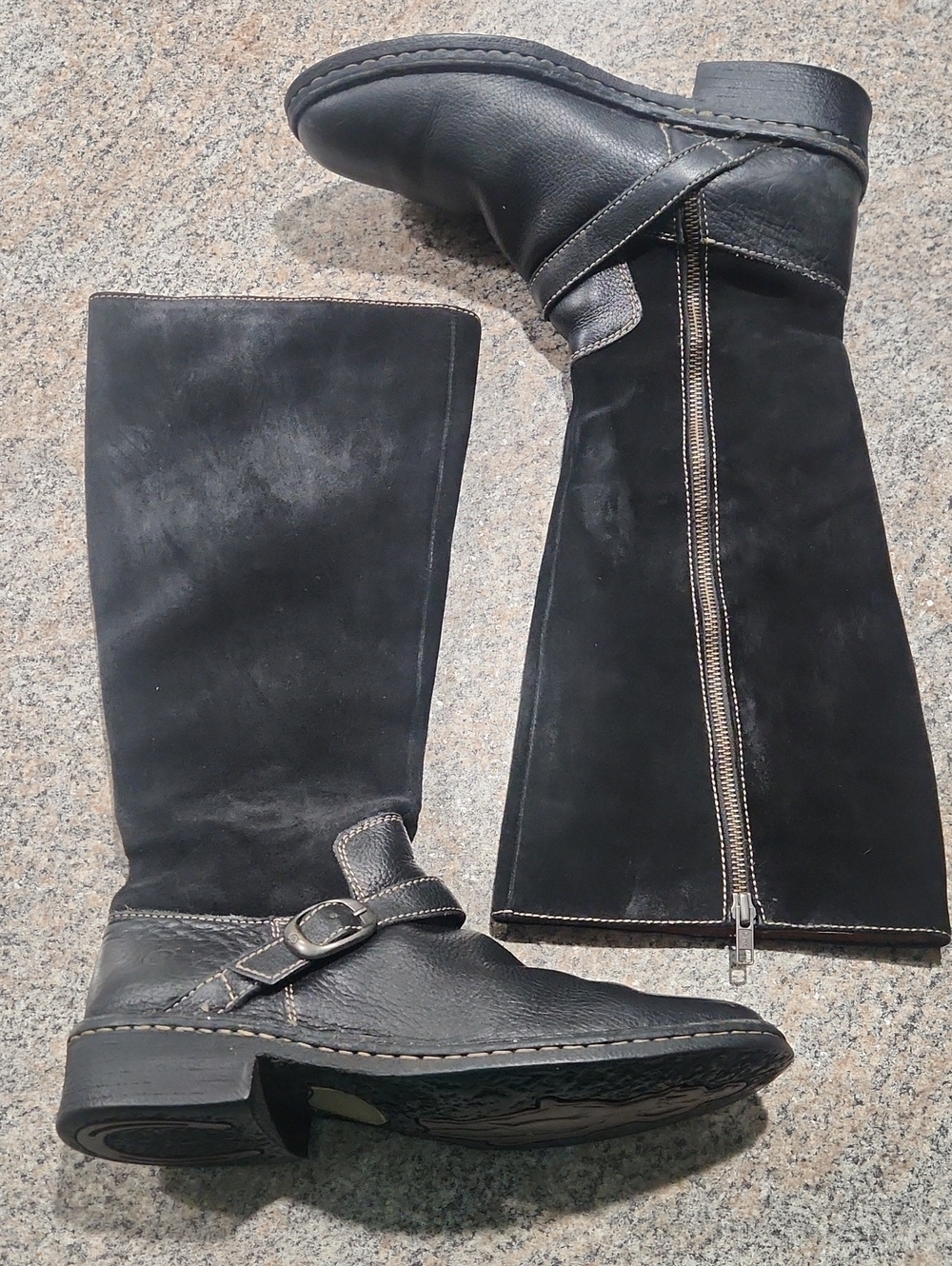 Born Black Leather & Suede Mid-Calf Zip Boots w/ Buckle – Western Style Size 9